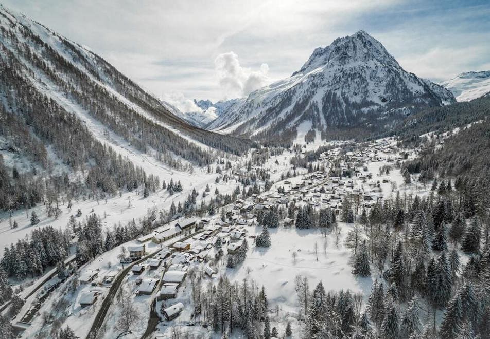 Aerial view of Vallorcine in Winter