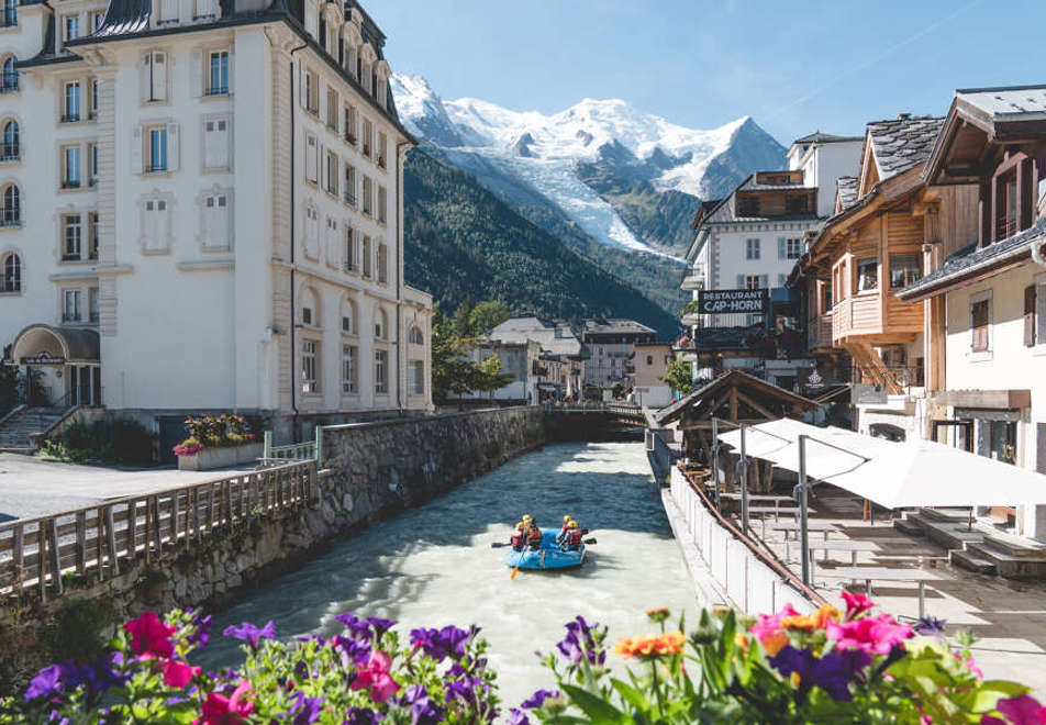 Chamonix town centre and rafting on the river